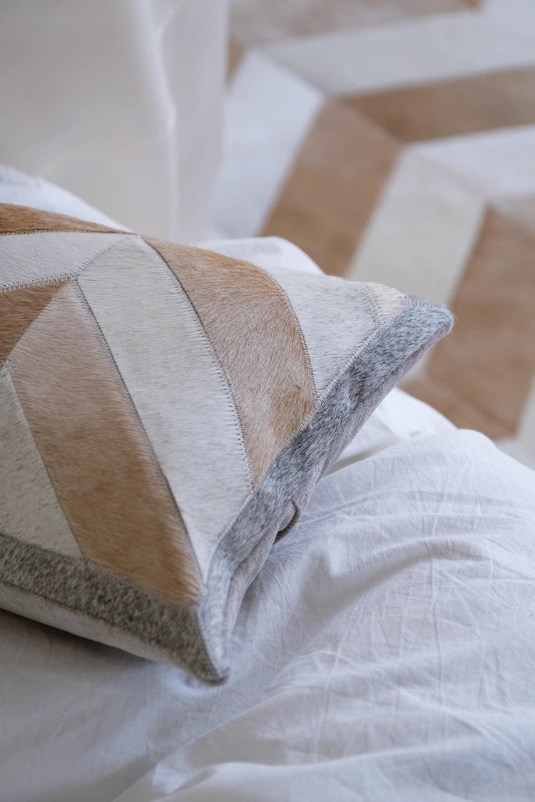 BD079 - Genuine Cowhide! French Herringbone/Fishbone Patchwork Hand-Sewn Leather Sofa Pillow