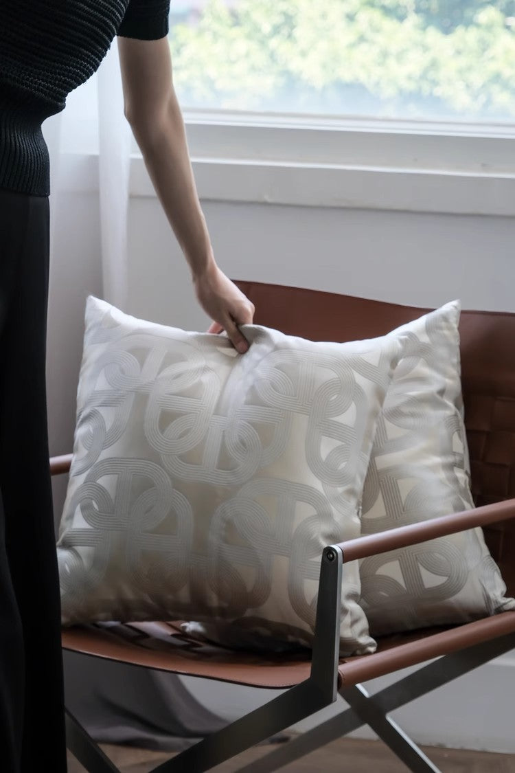 BD077 - Herm@s Embroidered "Pig Nose Lock" Pillow: Gold and Silver Threads, Champagne Cream