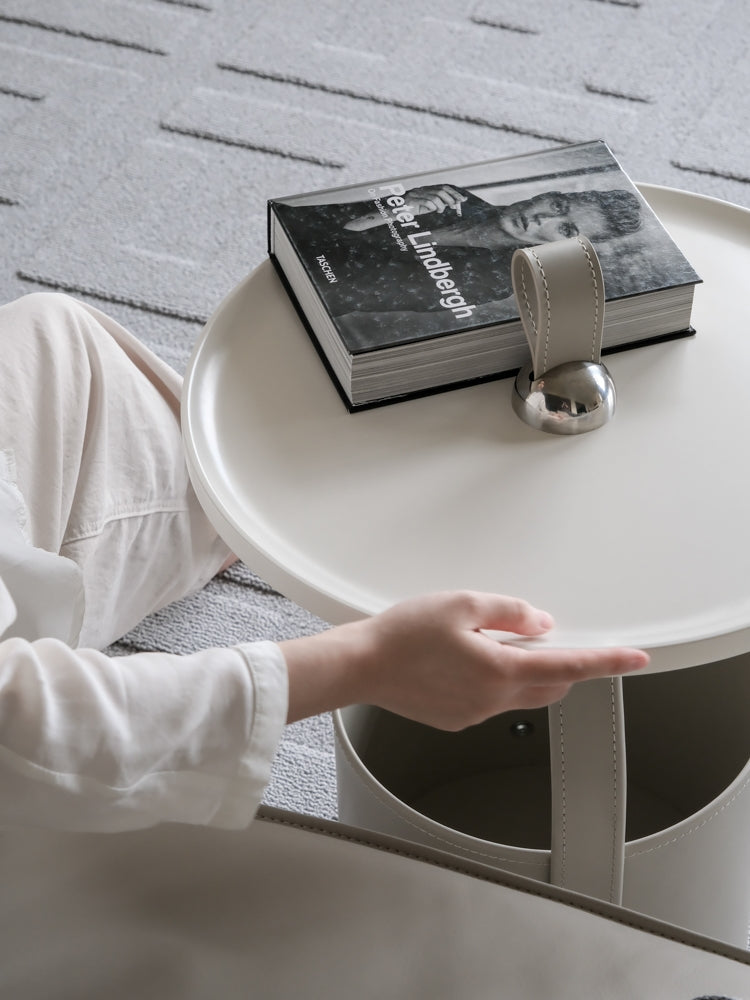 YA020-1 - Limited Edition Glacier Grey! HERM@S Creative Artistic Saddle Leather Sofa Side Table: Luxurious, Portable, Bedside