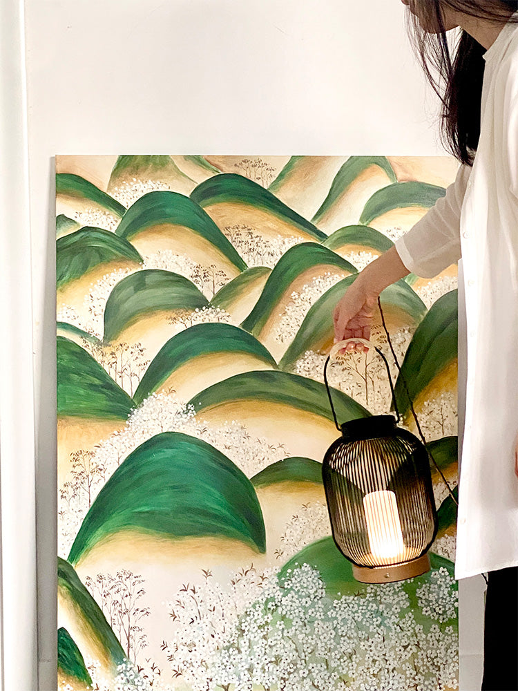 AH105 - Japanese Hand-Painted Oil "Green Mountain" Living Room Sofa Background Wall Art