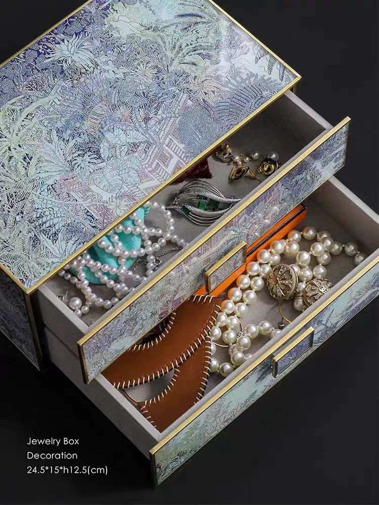 DC035 - Restored hand-painted "Jungle Blessings" scarf painting jewelry box, vintage double-layer antique storage box