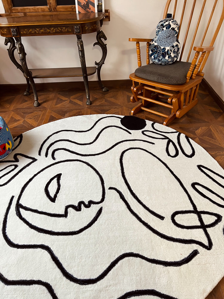 CP001-5 - Picasso Round Carpet Beverly Hills Customized Art Handmade Thick Black and White Minimalist Living Room Mat