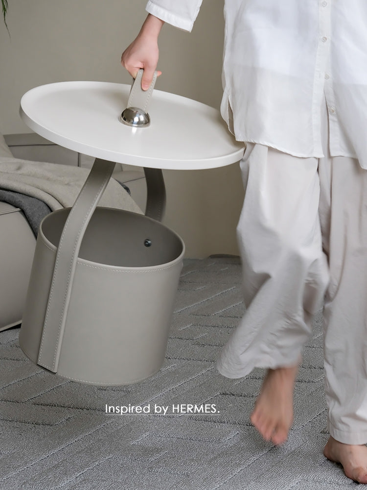 YA020-1 - Limited Edition Glacier Grey! HERM@S Creative Artistic Saddle Leather Sofa Side Table: Luxurious, Portable, Bedside