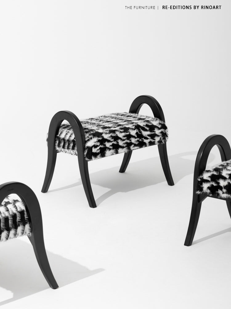 CH089 - Shoe Changing Stool - Solid Wood + Mink Series Black and White Mink Multi-functional with Footrest