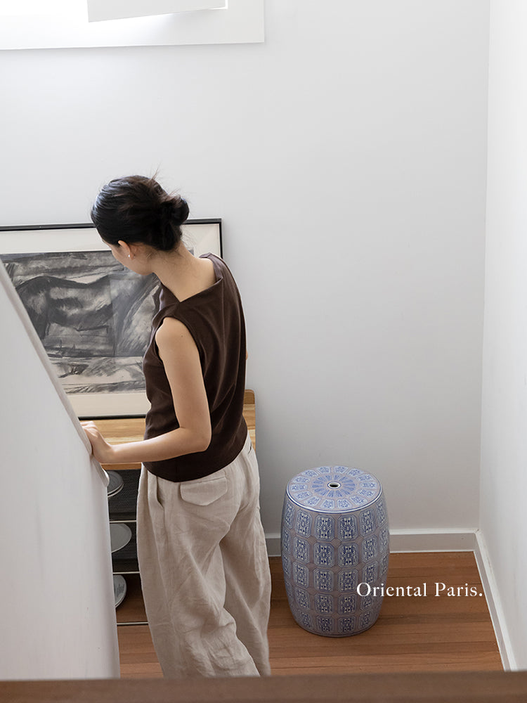 CH093 - Chinoiserie Hand-painted Ceramic Stool: New Chinese, Low Seat