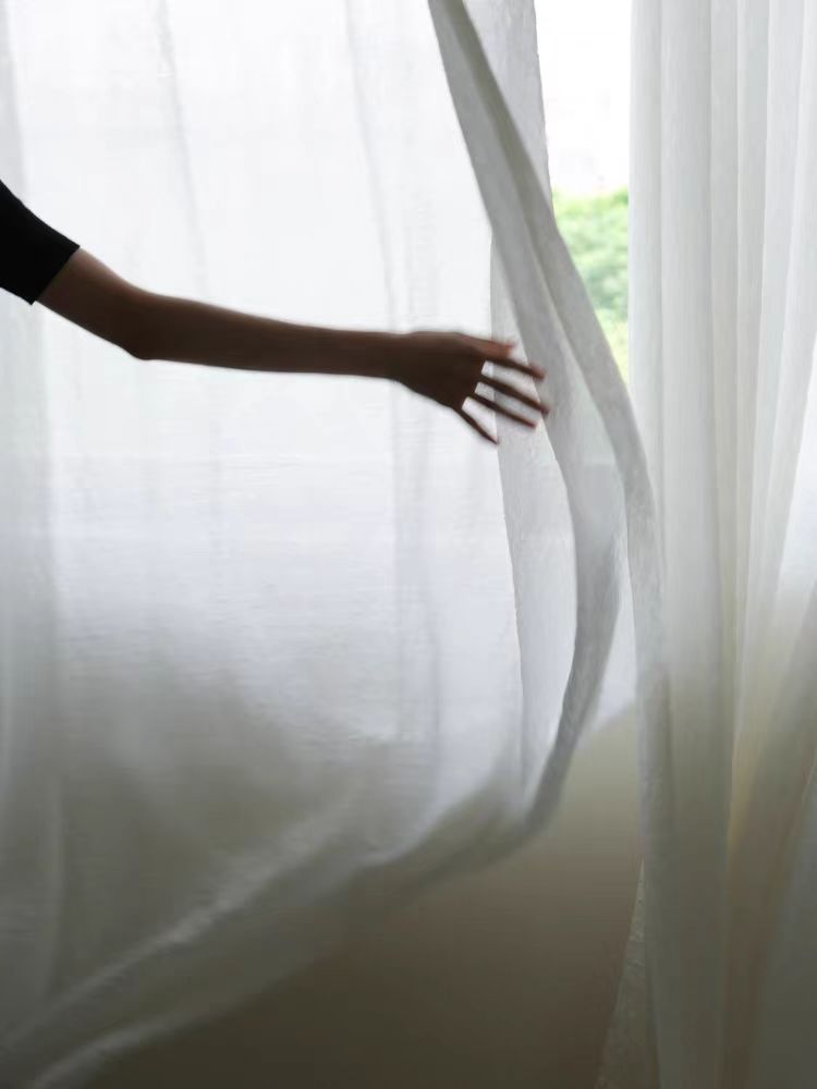 FS011 - Texture Embossed / Mother of Pearl Linen "Wrinkled Gauze" Pearl White Translucent Floor-to-Ceiling Window Curtains Sheer Curtains