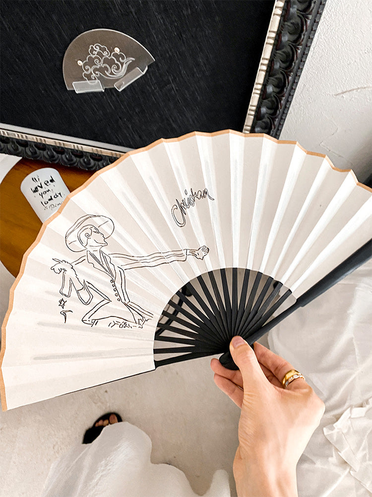 AH110 - Vintage Miss Dio* Hand-painted Folding Fan Western Black and White Decorative Fan