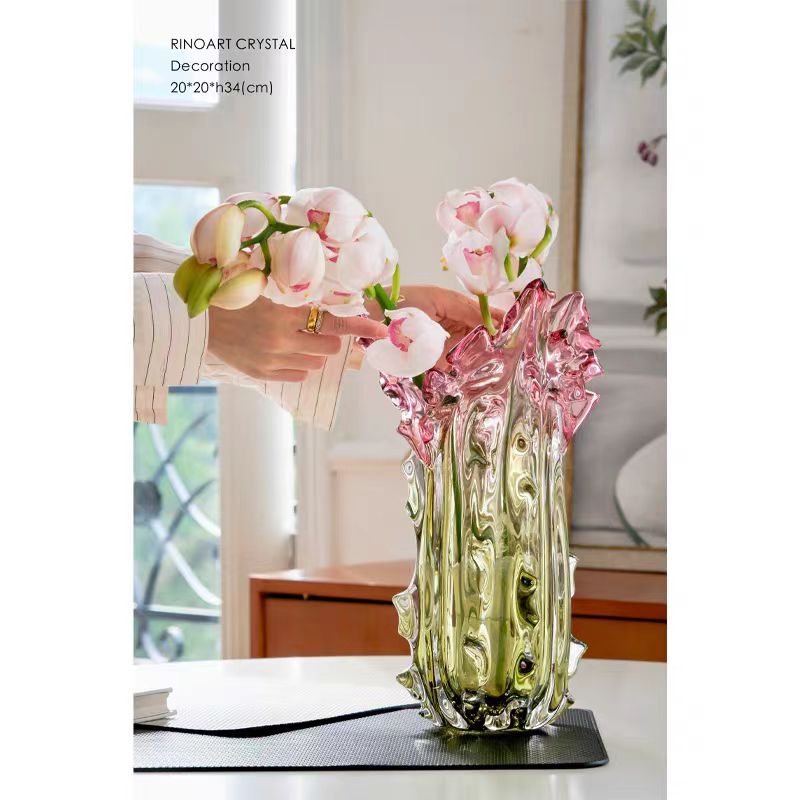 DC073 - Rinoart Crystal Vase for flowers - Tall, red green tinted, home decor glass vase with bouquet & rose in living room and kitchen, unique Italian-inspired design