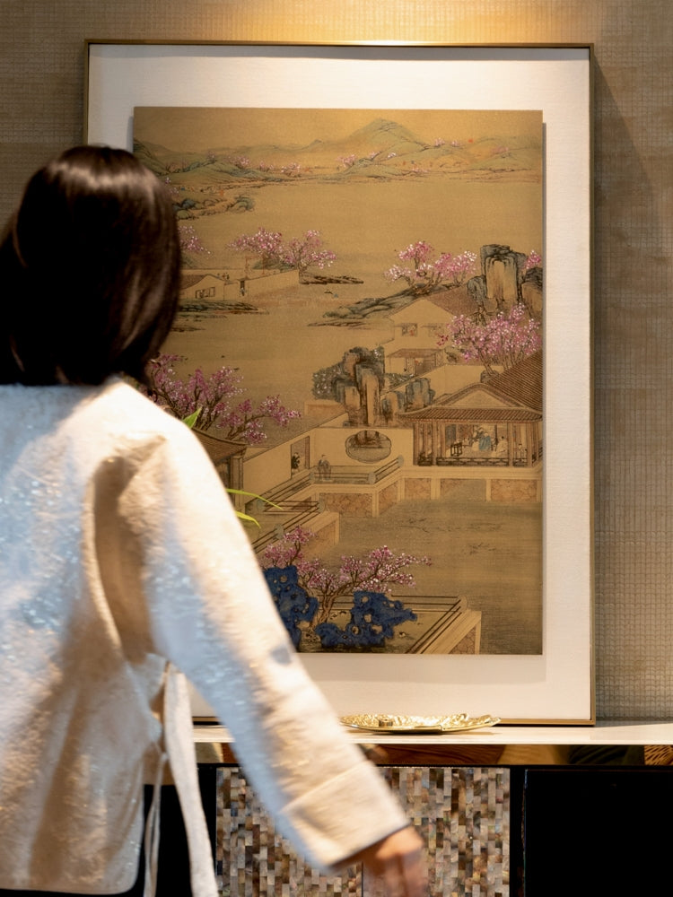 AH225 - Rare Sakura Brass! Brass Carving "Peach Blossom Spring Residence" 3D Landscape Art