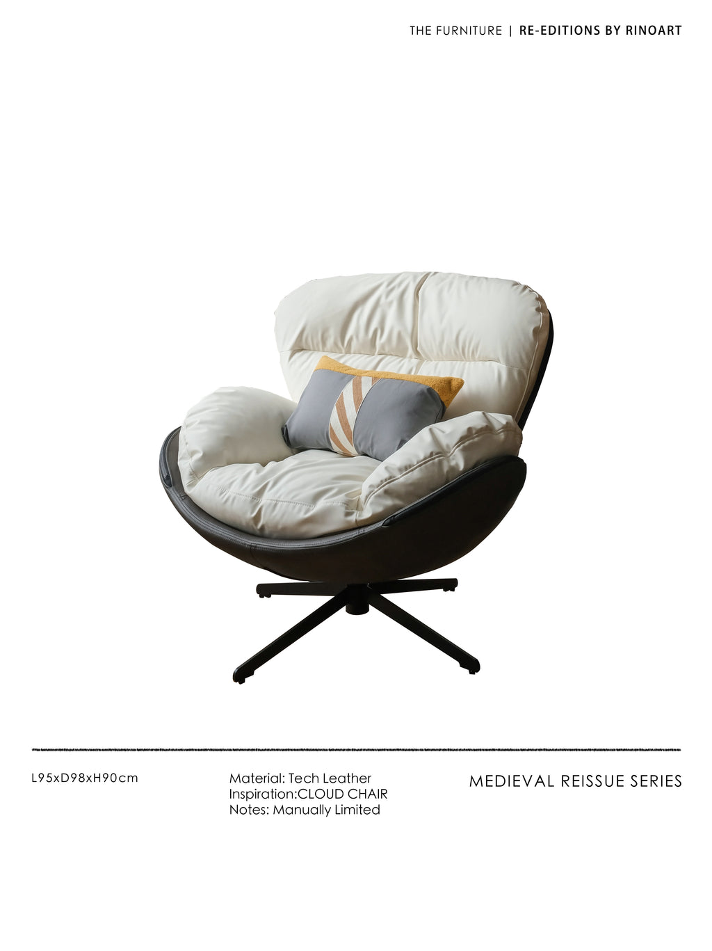 CH038 - Washable Cream Leather "Cloud Down Chair": Single Seating, Rotatable, Cozy Sofa