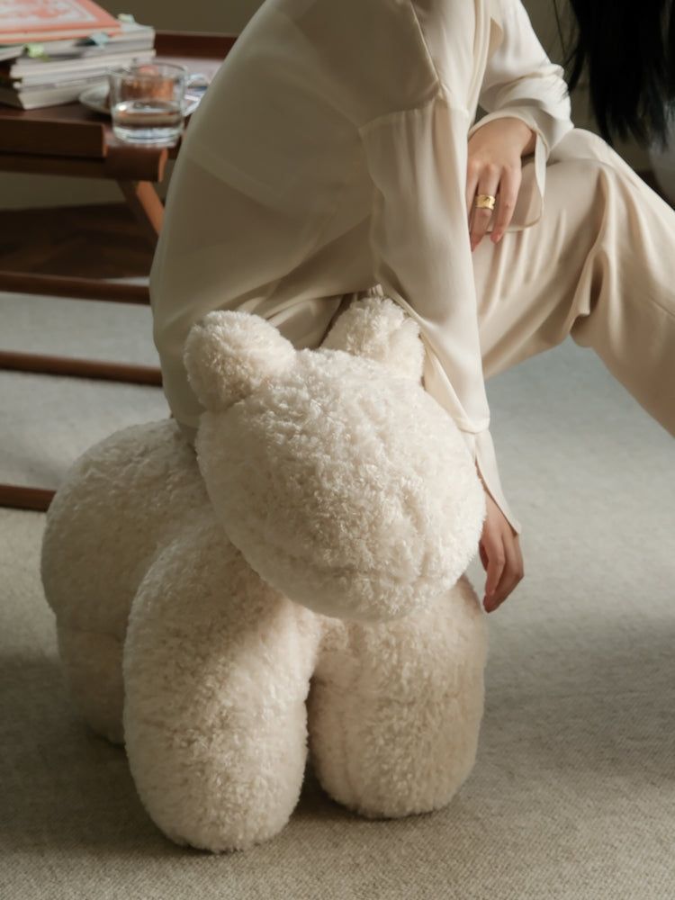 CH042 (Milk White) - Vintage Pony Chair Cream White Mumbai Imitation Sheepskin Scroll Small Pony Chair Leisure Seat Footstool