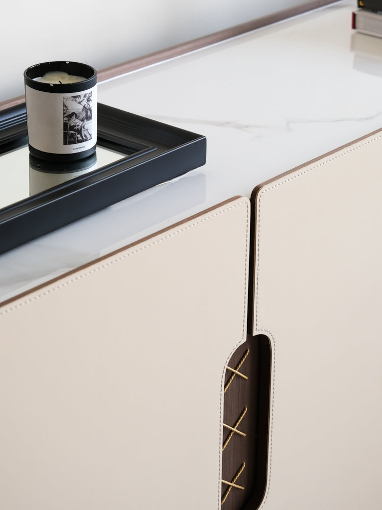 GA016 - Italian Vintage Saddle Leather Marble Long Storage Cabinet: Modern, Simple, Living Room TV Cabinet
