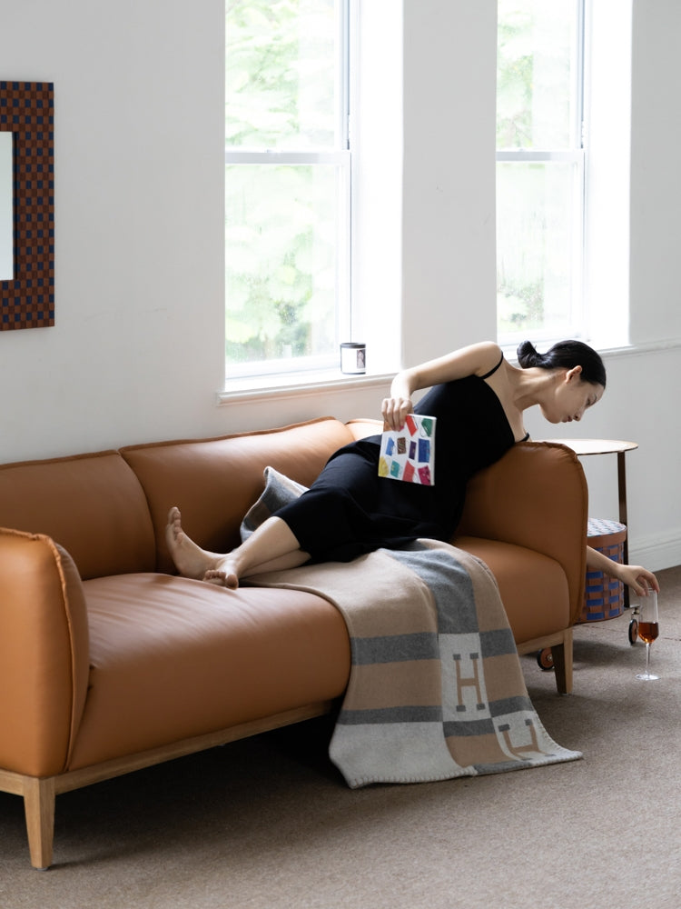 CH103 - Classic H Deco Italian Fine Leather, Golden Brown, Ivory Sofa