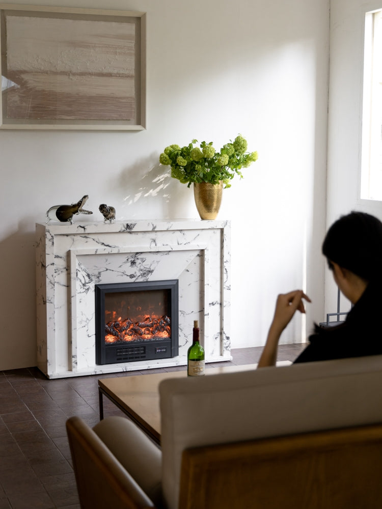 GA035 - Bulgari Ash Grey Marble! Lifelike Fire Smart Fireplace Speaker with Heating Hall Storage Side Cabinet