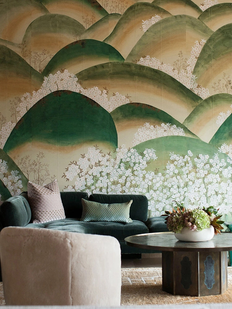 AH105 - Japanese Hand-Painted Oil "Green Mountain" Living Room Sofa Background Wall Art