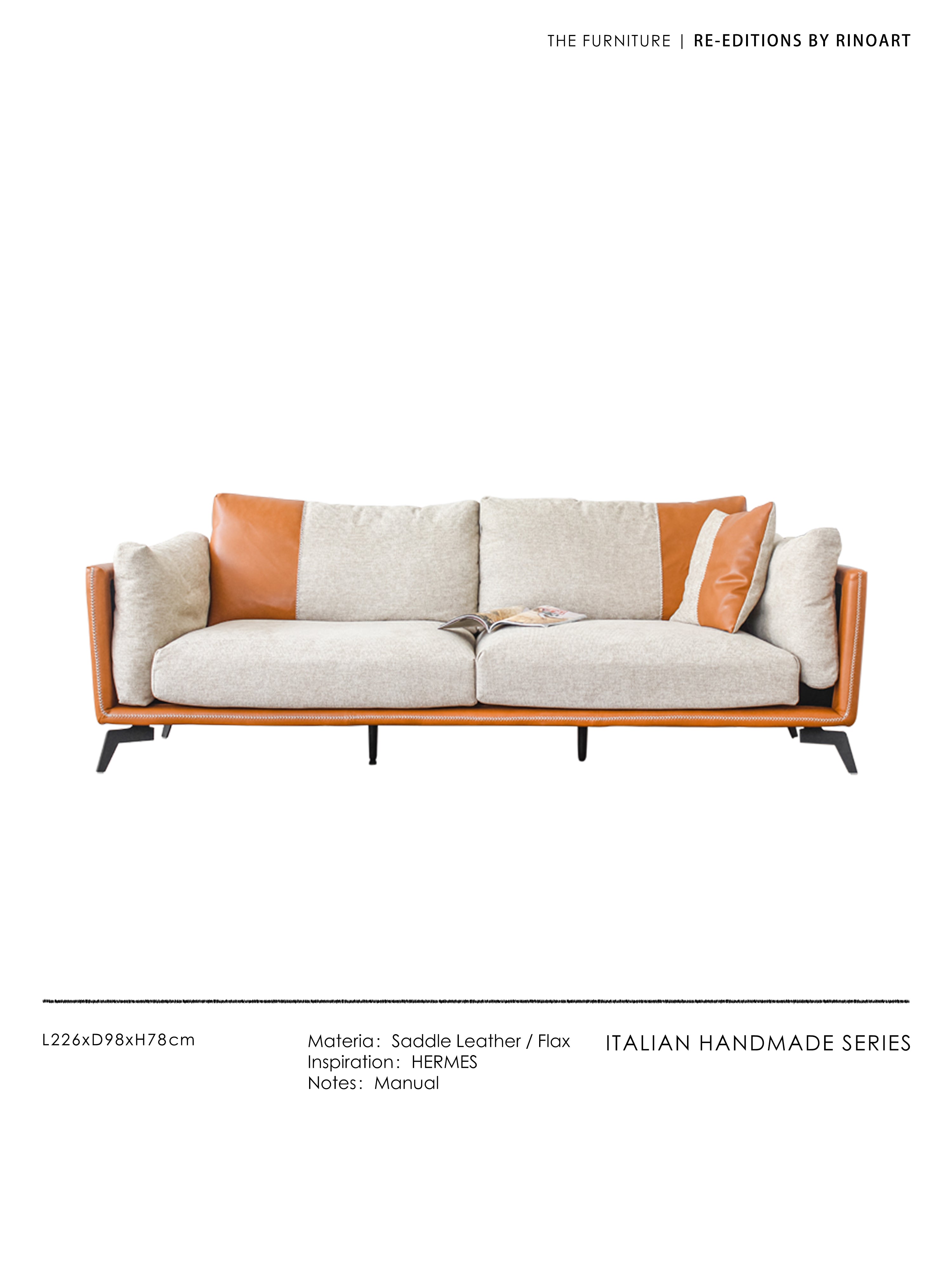 CH011-1 - Italian H-Sellier Sofa: Linen Patchwork, Living Room Tri-color Seating