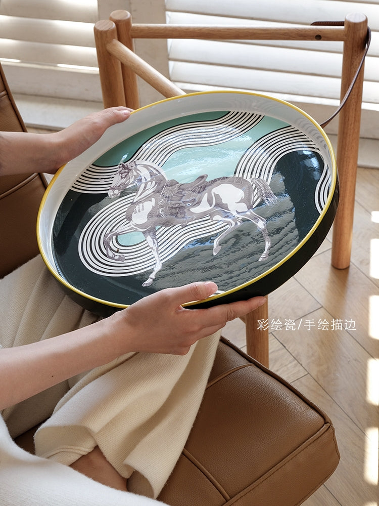 YA027 - HERM@S Vintage "Twin Horses" Porcelain Solid Wood Cowhide Tray Detachable Side Table Coffee Table