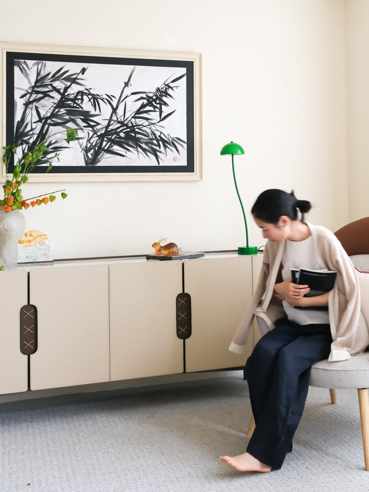 GA016 - Italian Vintage Saddle Leather Marble Long Storage Cabinet: Modern, Simple, Living Room TV Cabinet