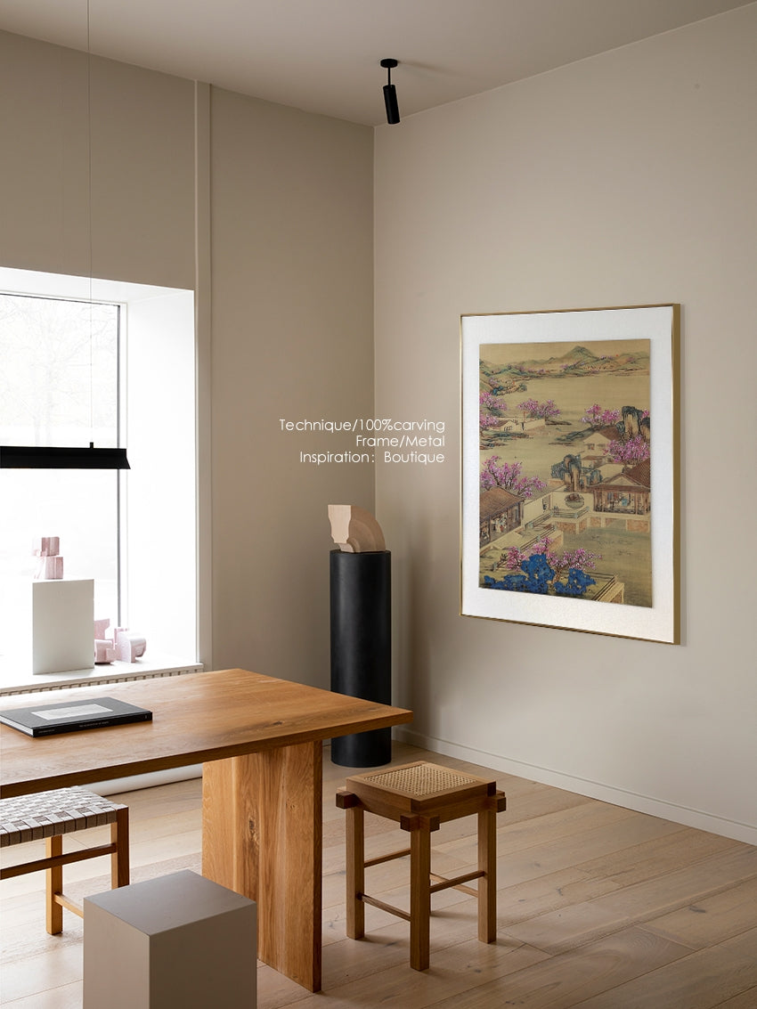 AH225 - Rare Sakura Brass! Brass Carving "Peach Blossom Spring Residence" 3D Landscape Art