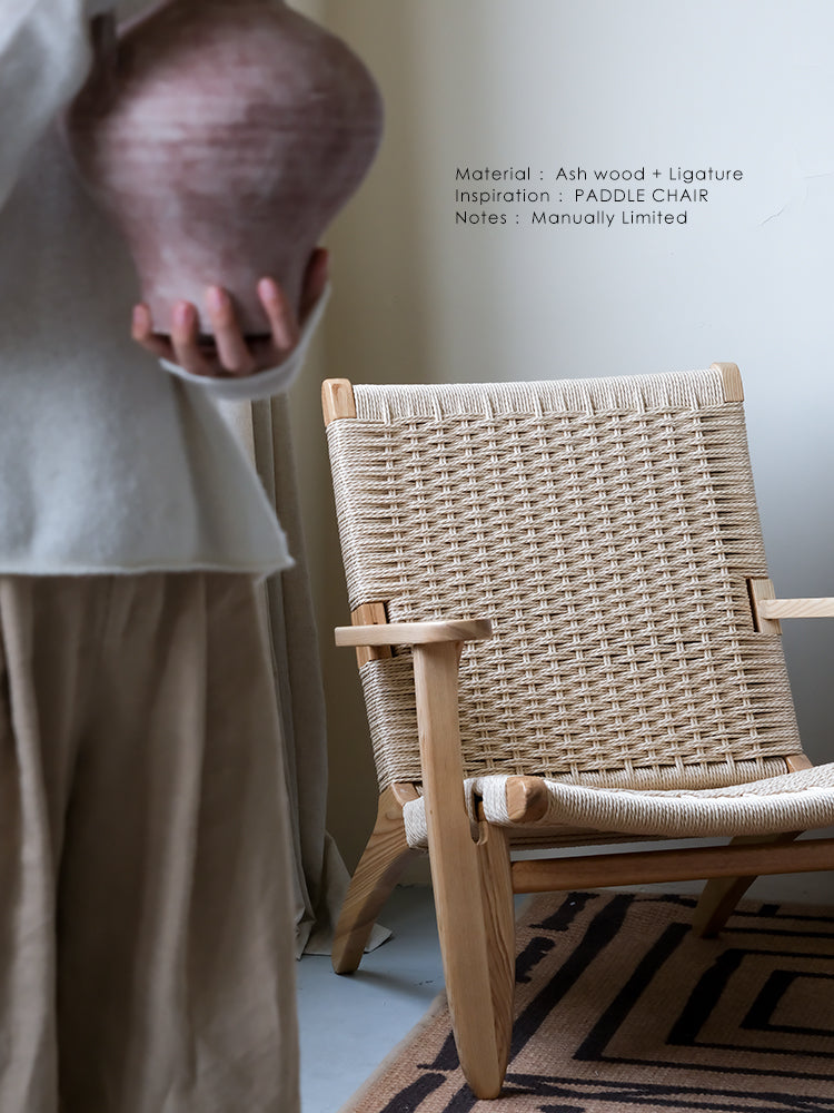 CH053-1 - Danish Vintage Paddle Chair: White, Handmade Rope, Single Seater