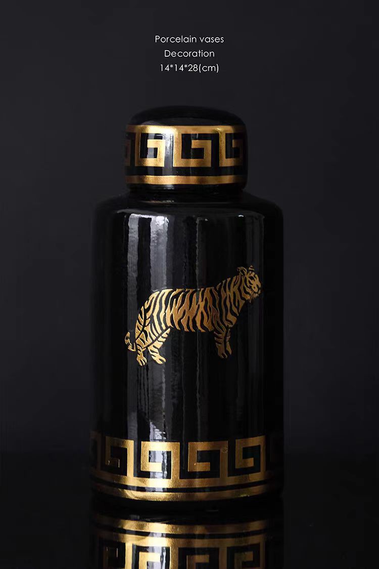 DC047(Set) - Chinese New Year treasure basin C@rtier ceramic hand-painted "Tiger Rose" storage jar decoration vase