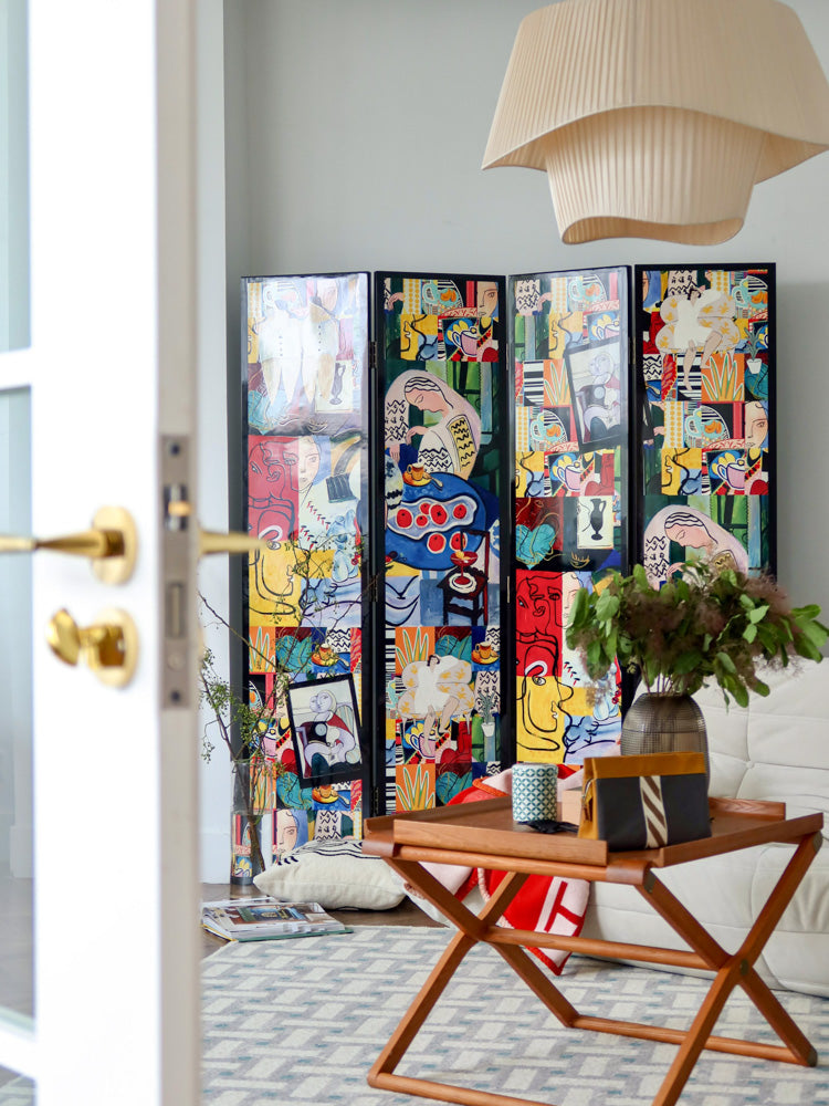 YA013 - Lacquered Wood Hand-painted "Fauvism Vintage Screen" Abstract Colors ART DECO Partition Background Decoration