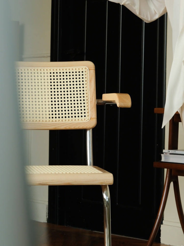 CH048 - Bauhaus Vintage Armchair Handmade Rattan White Waxwood Solid Wood Dining Chair Work Chair Leisure Chair