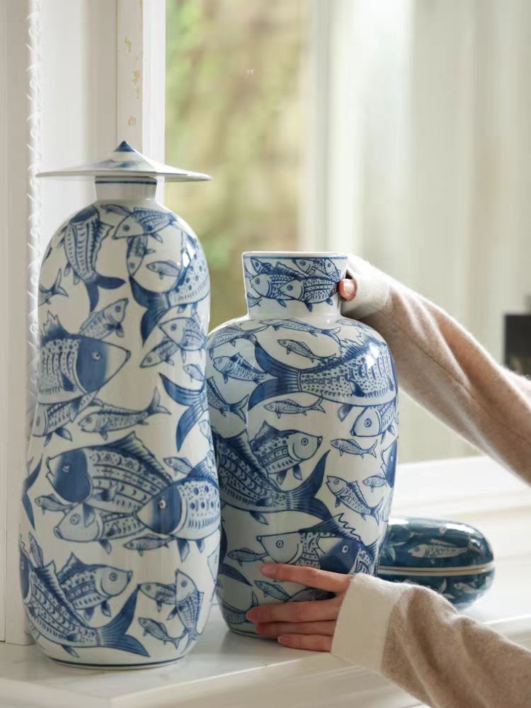 DC093 (Set) - Oriental Paris Grisaille Blue and White Porcelain "Surplus Every Year" New Chinese Style Vase Set Entrance Decoration