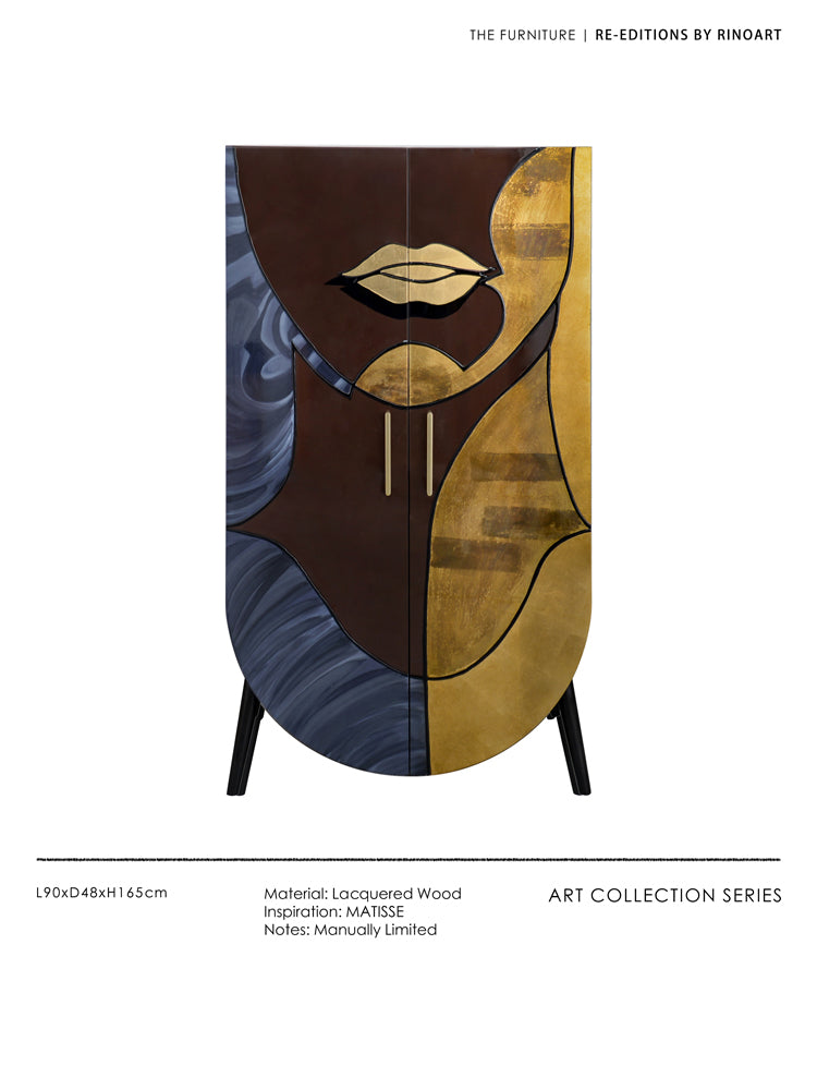 GA011 - Art Deco Genuine Gold Foil! Art Cabinet Matisse "Lovers" Lacquered Wood U-shaped Side Cabinet