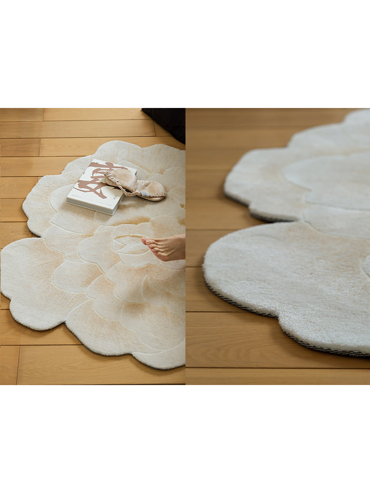 CP073 - V*lentino "Golden White Peony" 3D Hand-carved Bedside Carpet Entrance Mat Mirror Small Carpet