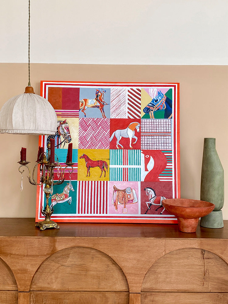 AH108 - Red Hermès Modern Luxury Living Room Art, Frameless Decor