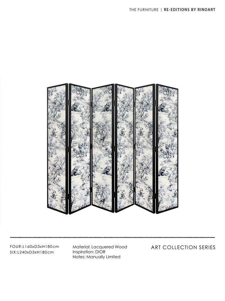 YA015 (4-Folder) - Di@r Maison Series Jungle Art Lacquered Wood French Screen Ink Blue and White New Chinese