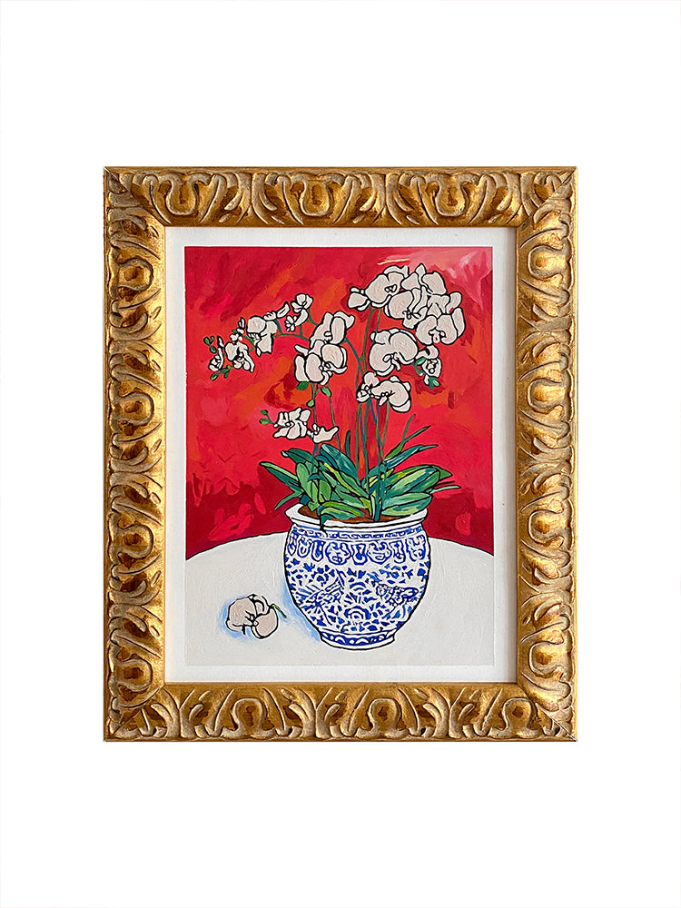 AH032 - 16th Century Vintage Gold Frame! Lara Mendez Style Hand-Painted Oil "Blue and White Porcelain with Orchids" Entryway Art