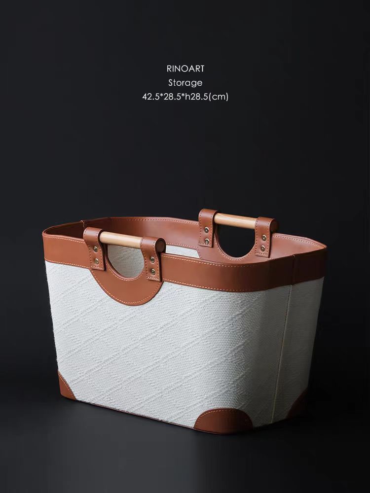 DC139 - Loro Piana antique white pearl embossed leather solid wood handle multi-purpose storage basket dirty clothes