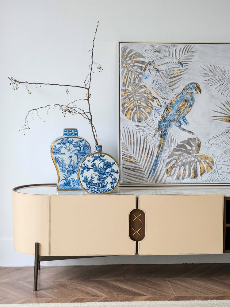 GA014 - New Chinese Top Grain Saddle Leather Marble TV Cabinet: Modern, Simple, Living Room, Home Use