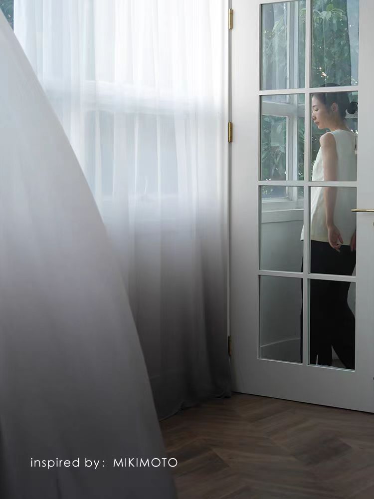 FS010 - Gradient! Mikimot@ Tahitian Pearl Grey Silk Soft Light Living Room Sheer Curtains Translucent Floor-to-Ceiling Window Curtains