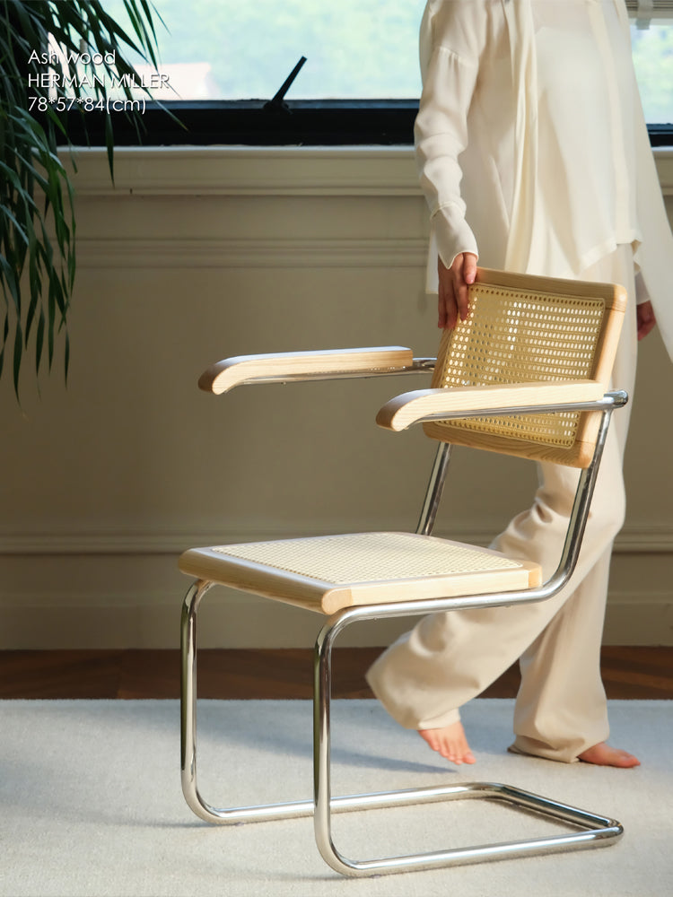 CH048 - Bauhaus Vintage Armchair Handmade Rattan White Waxwood Solid Wood Dining Chair Work Chair Leisure Chair