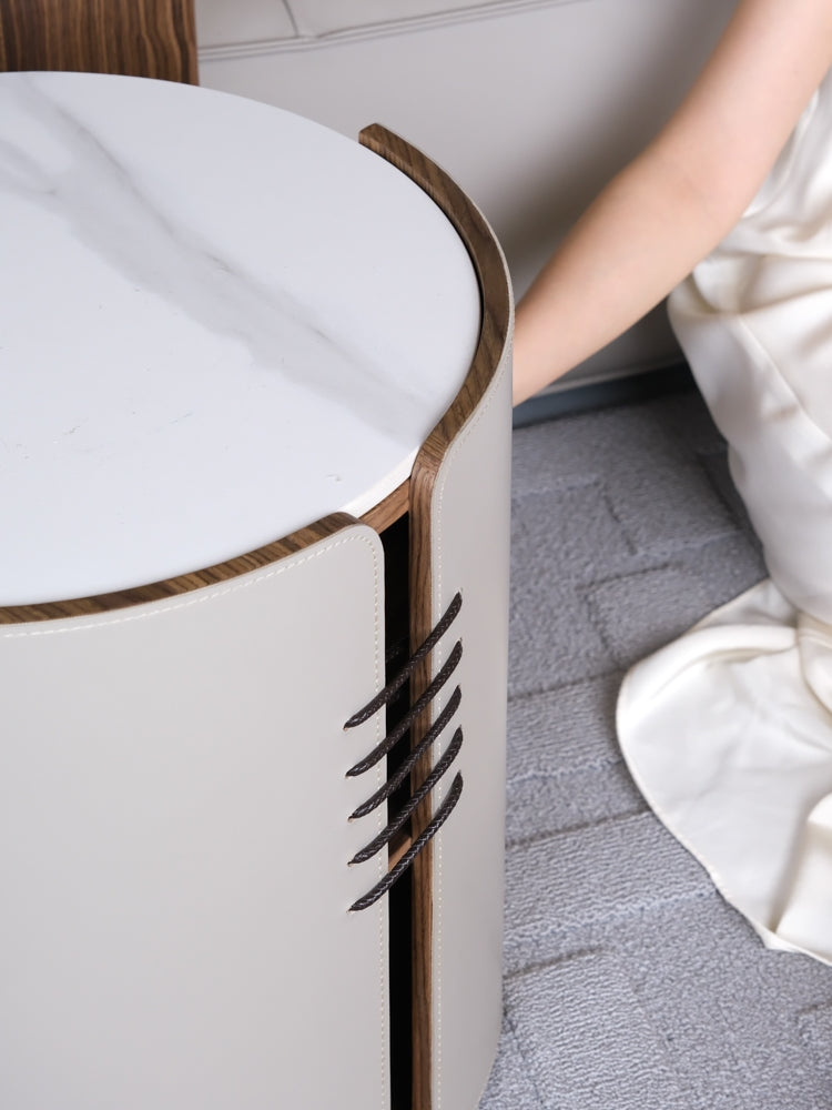 YA024 - H Glacier Grey Italian Saddle Leather Marble Coffee Table Bedside Cabinet: Modern, Simple, Luxurious