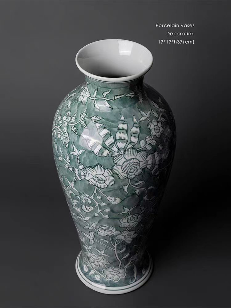 DC230 - Oriental Paris / Sky Green Jade Grisaille Hand-painted "Twin Branches" Color Porcelain Vase Decoration