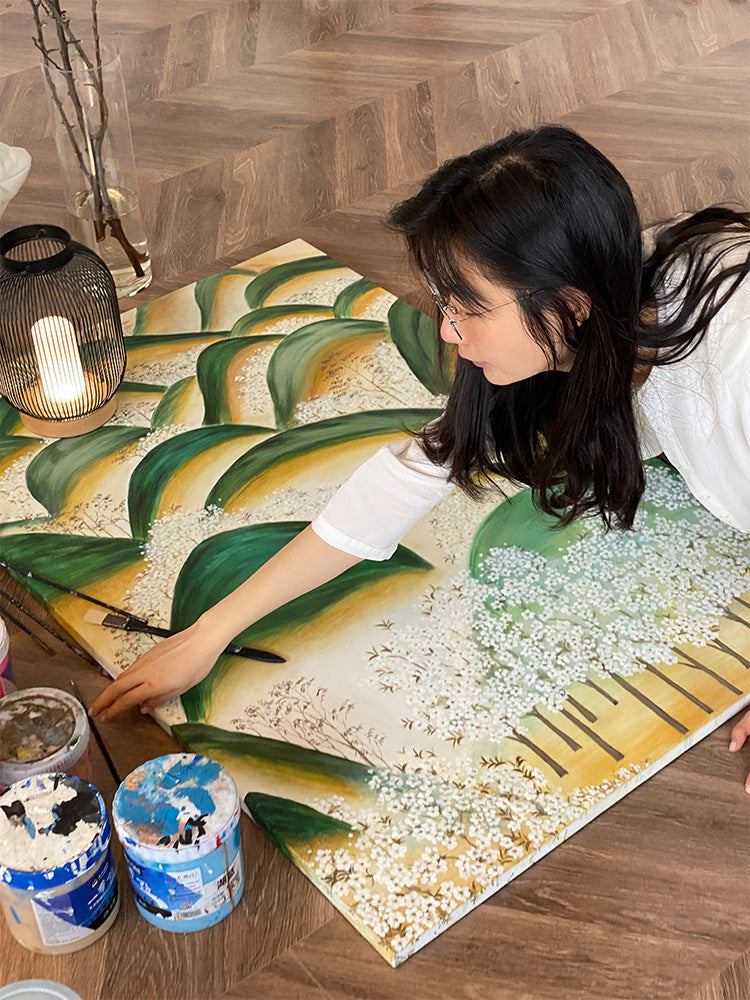 AH105 - Japanese Hand-Painted Oil "Green Mountain" Living Room Sofa Background Wall Art