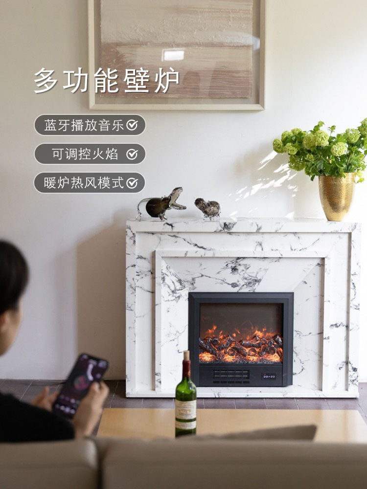 GA035 - Bulgari Ash Grey Marble! Lifelike Fire Smart Fireplace Speaker with Heating Hall Storage Side Cabinet