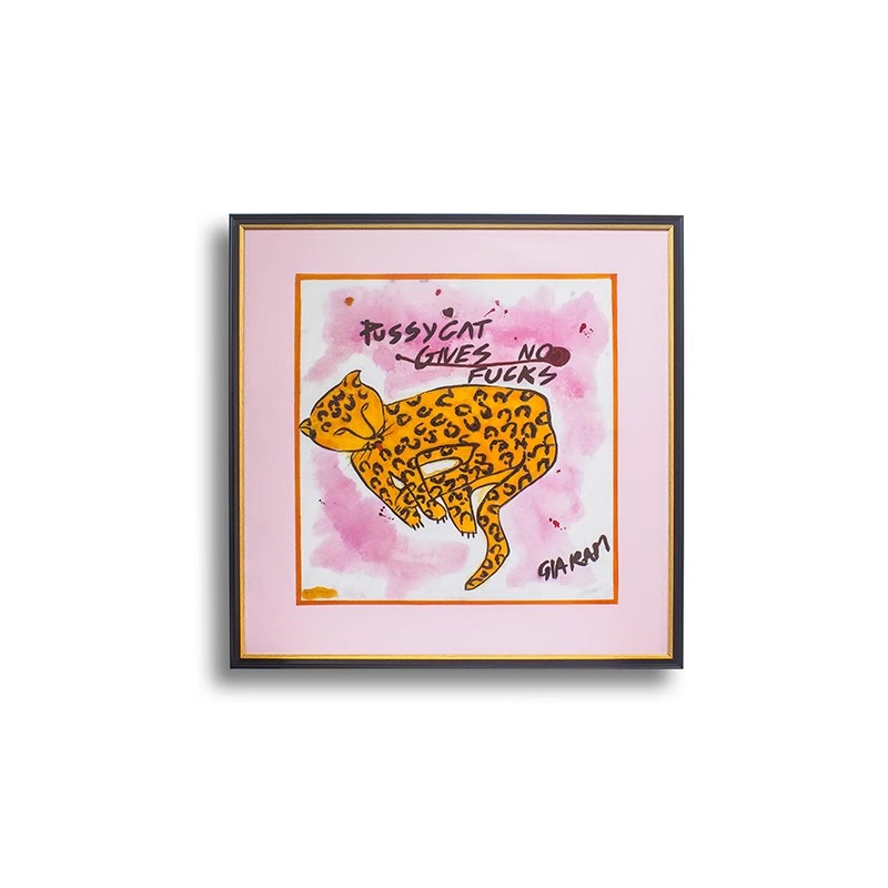 AH067 - Vintage Hand-Painted Oil Pink Leopard "Be Yourself" Wall Art
