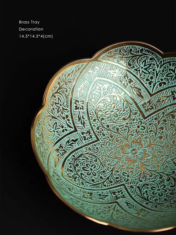 DC202 - Made in INDIA "Indian Gold Bowl"/Real brass enamel filigree floating carving foyer storage tray snack tray
