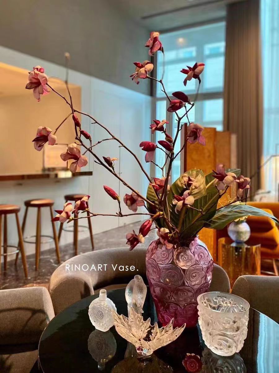 DC149 - Home Decor French Embossed Glass "Collection Silver Lotus" Crimson Purple Crystal-like Vintage Vase Living Room Decoration