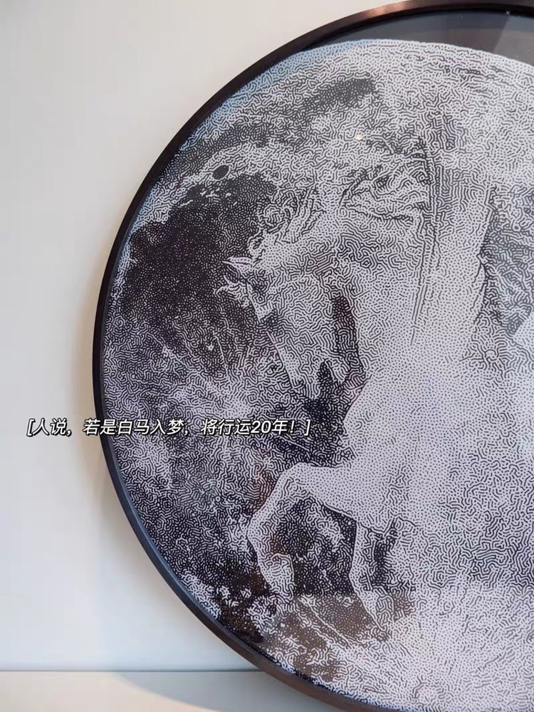 AP057 - 3D Visual "Star Moon White Horse" Black and White Oil Painting, Unique Wall Art