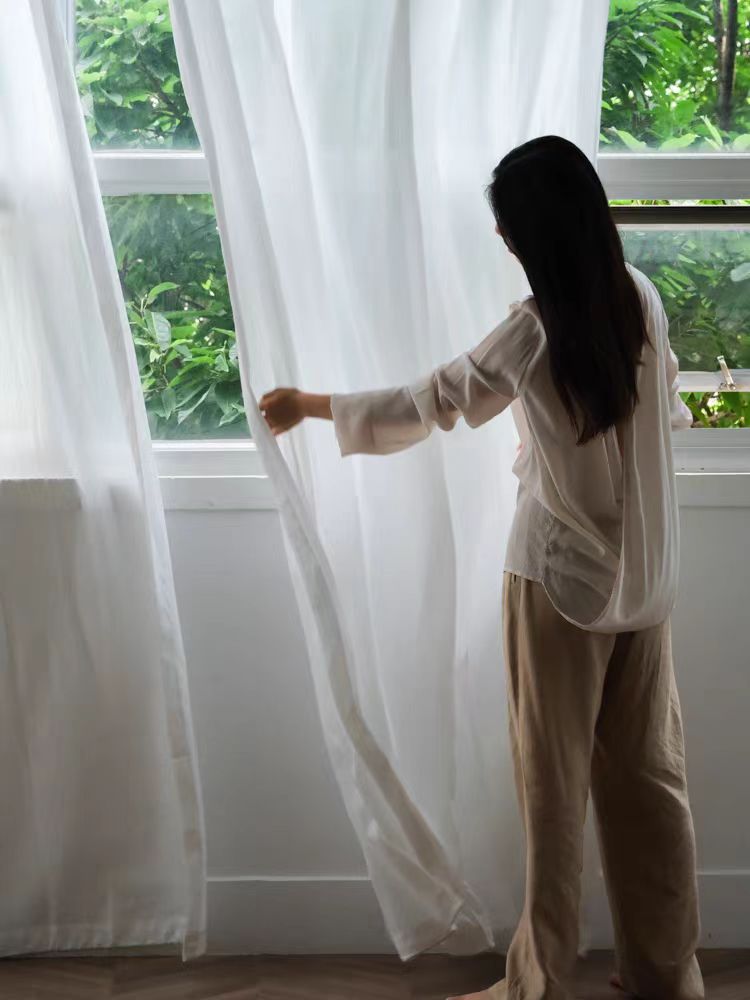 FS005 - High-End Line / Pure Linen Embroidery "Oriental Ginkgo" Soft Light Sheer Curtains Translucent Living Room Bedroom Curtains