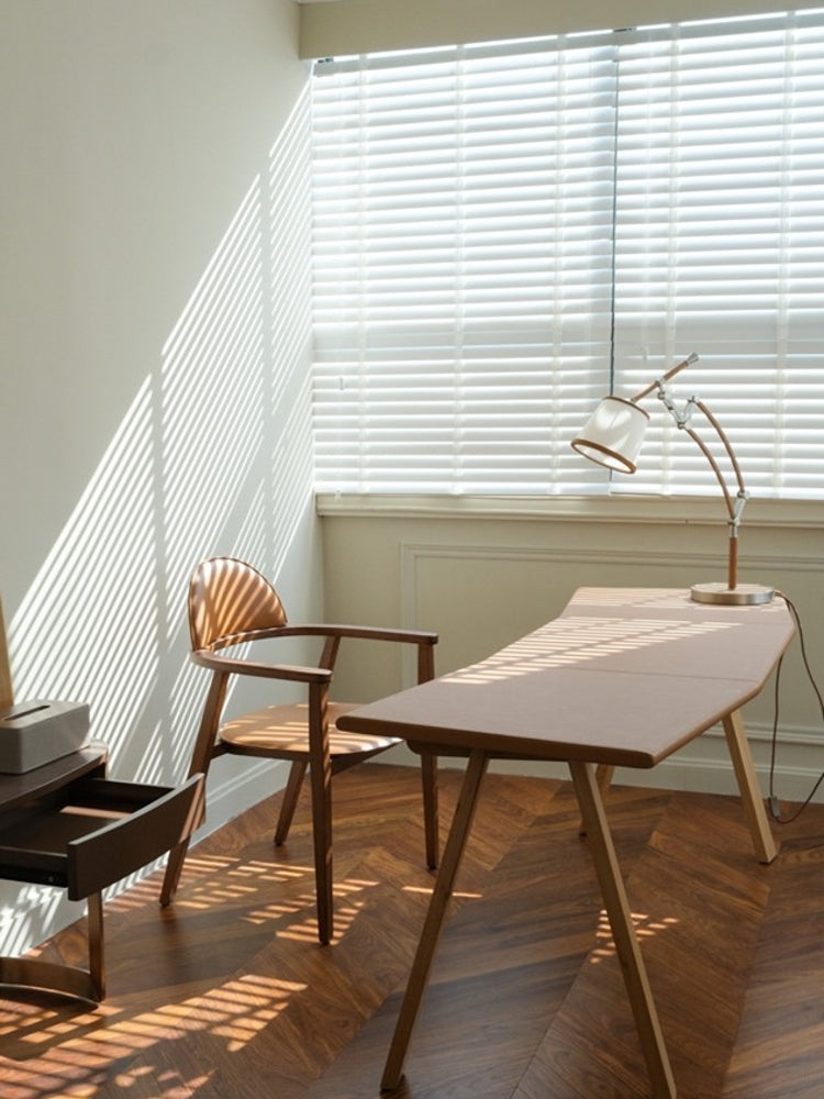 YA018 (Desk) - H Gold Brown Leather Arc-shaped Desk White Waxwood Legs Modern Home Simple Computer Desk Long Table
