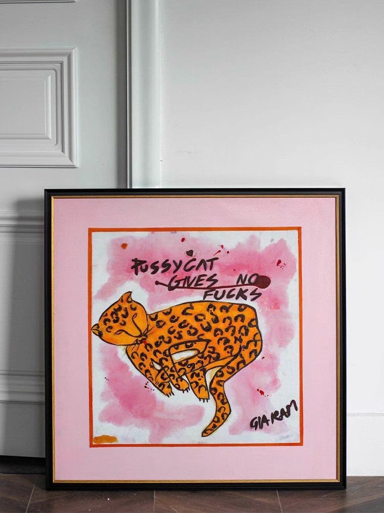 AH067 - Vintage Hand-Painted Oil Pink Leopard "Be Yourself" Wall Art