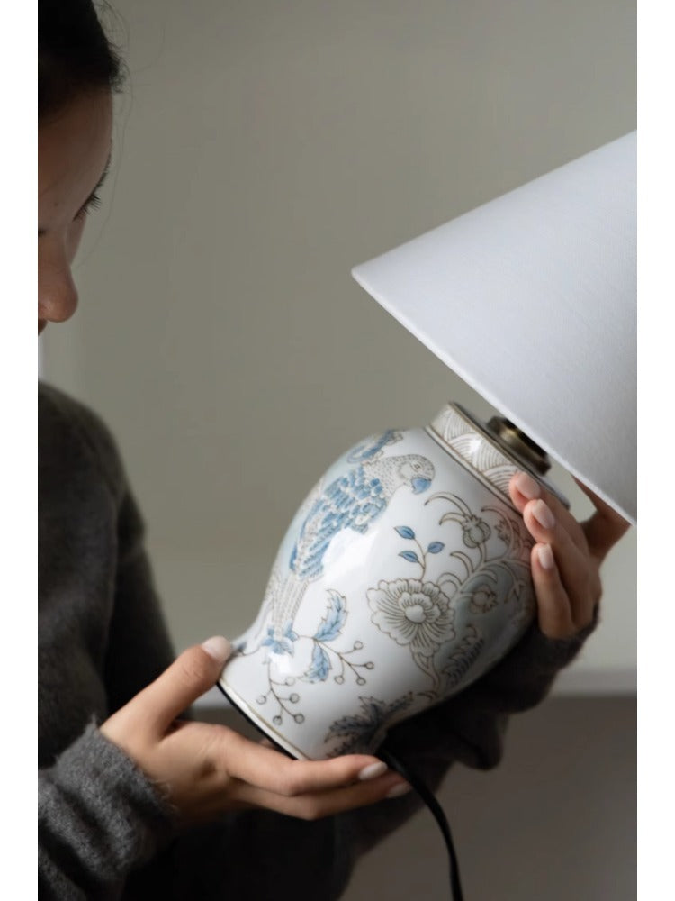 LA048 - Study Series Oriental Paris Hand-painted Ceramic Parrot Blue Study Bedroom Table Lamp Bedside Lamp