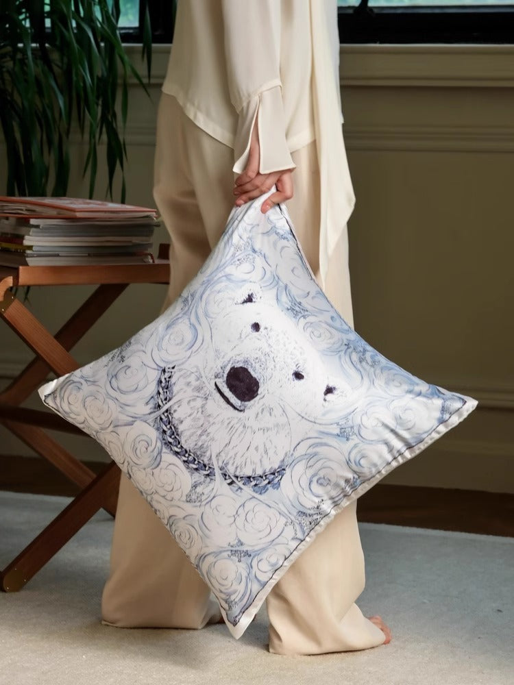 BD063 - Exclusive Healing "Polar Bear and Blue Rose" Silk Pillow